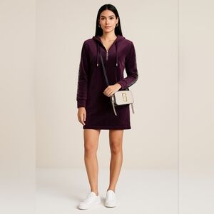 Tommy Hilfiger Velour Hoodie Dress Purple Plush Zip Front Logo Sleeve Petite M